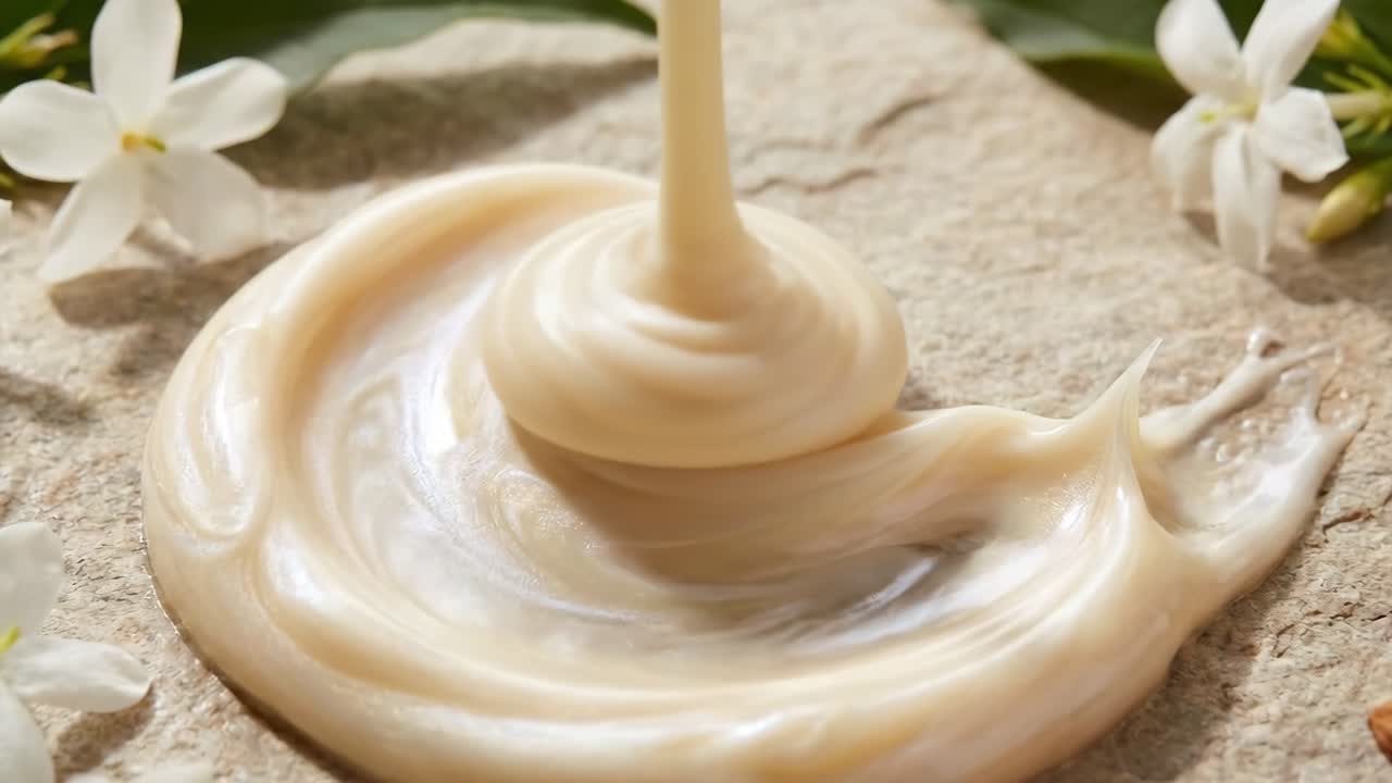 Producto cosmético cremoso que se vierte, con almendras naturales y flores de jazmín