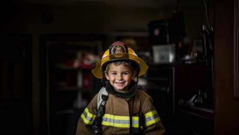 young boy wearing firefighter uniform smiling inside fire station, embodying childhood dreams and aspirations of becoming a brave firefighter