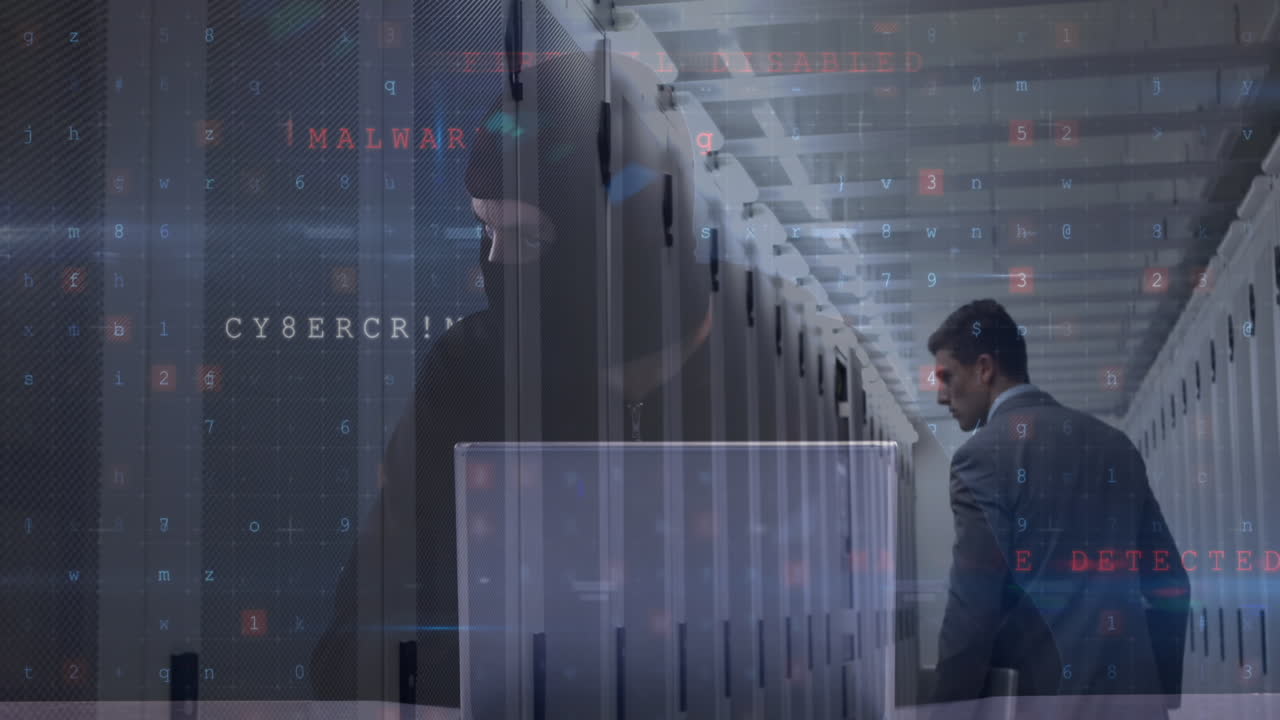 서버 에 있는 해커와 백인 남성에 대한 사이버 공격 경고의 애니메이션