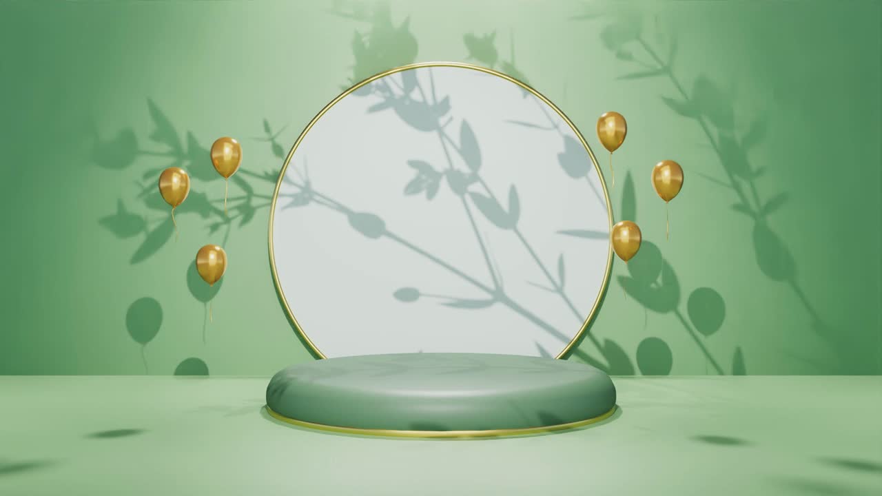 exhibición vertical de productos para joyas artículos de lujo con sombra de árbol movidos por una suave brisa en fondo verde tienda en línea de comercio electrónico vender