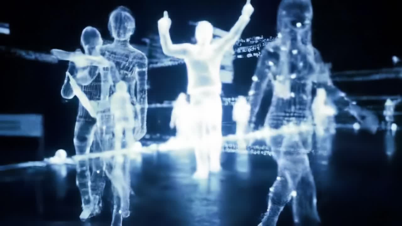 A Futuristic Visualization of Digital Figures Interacting in a Virtual Space, Highlighting Technology's Impact on Human Movement and Connectivity in a Neon Environment