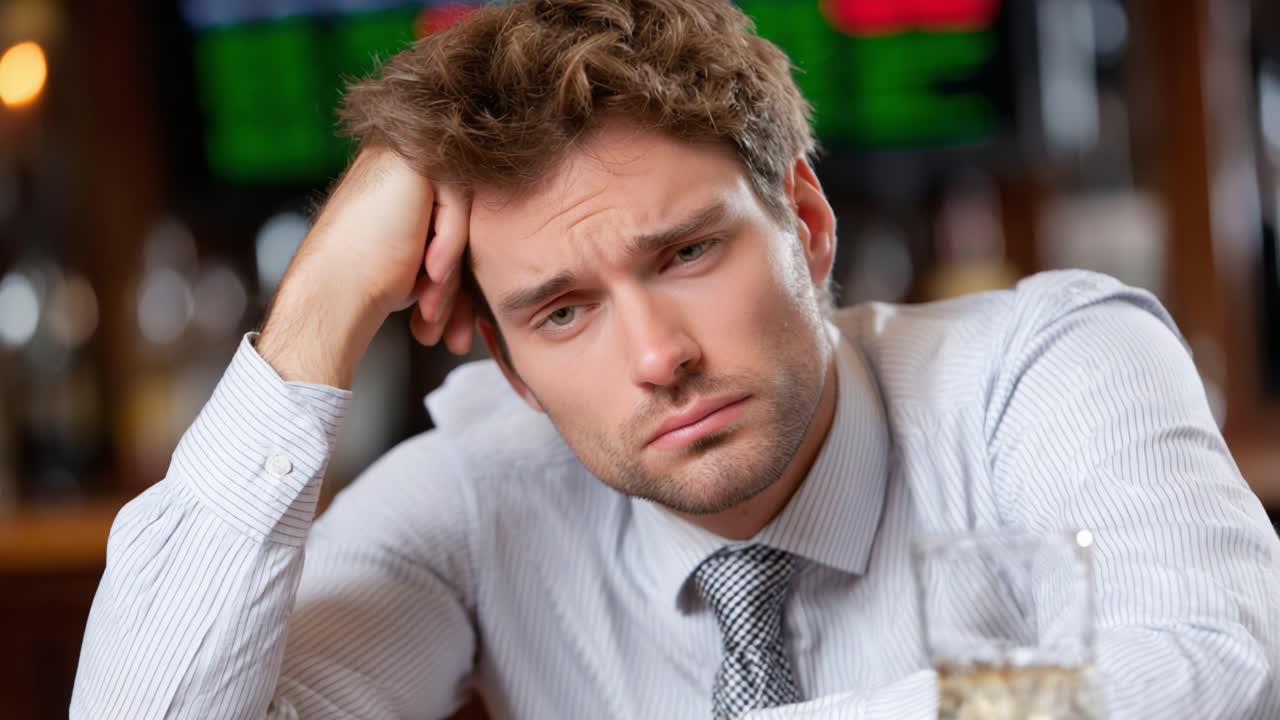 A contemplative man in formal attire reflects on life choices, showing a deep sense of contemplation while seated at a bar with a glass of drink beside him