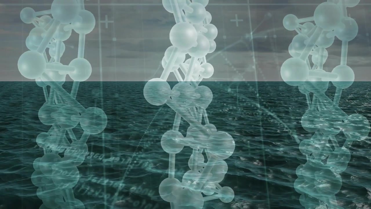 Olas oceánicas rodantes iniciando cadenas moleculares que se desvanecen, oscilando con una interfaz HUD pulsante que visualiza datos.
