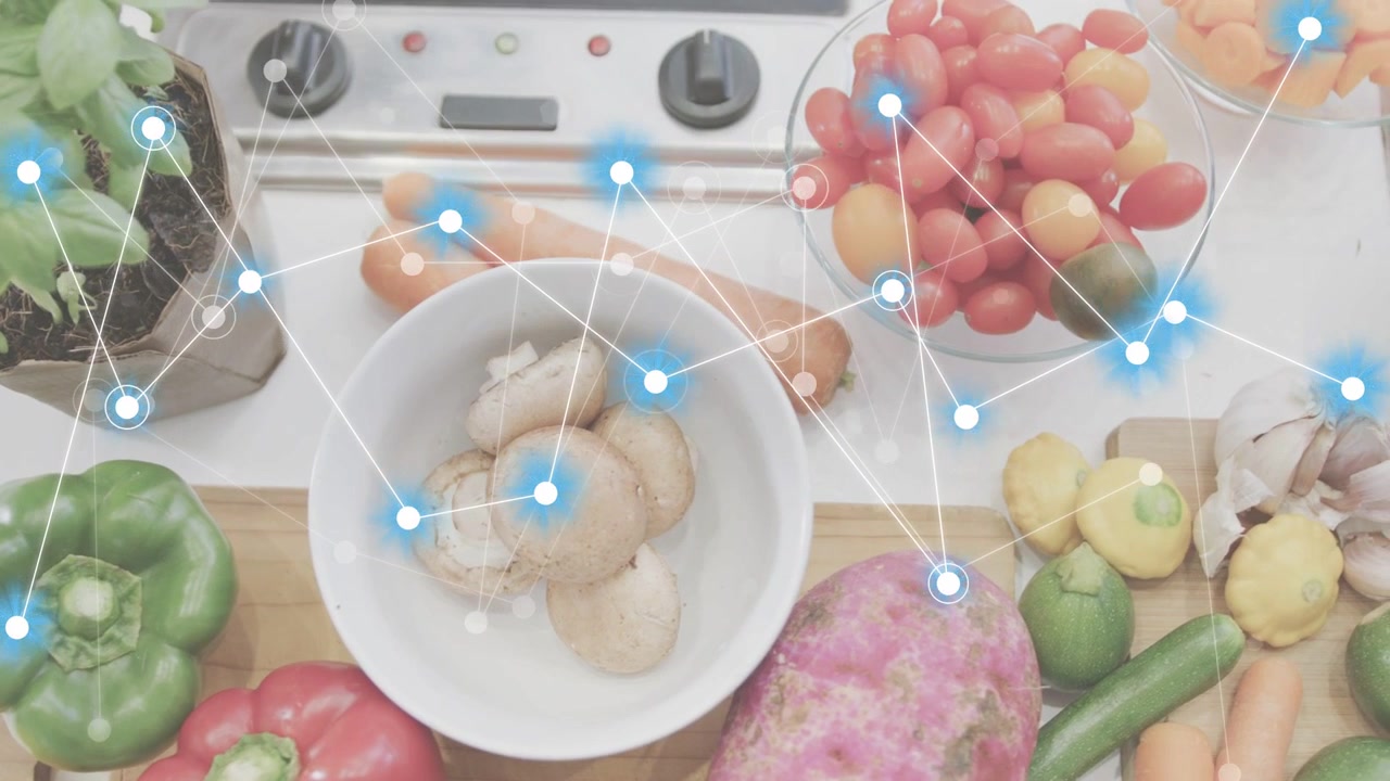 バジルとピーマンの上に青いノードが飛び出し、ボード全体にネットワークが広がり、食材を視覚化している。