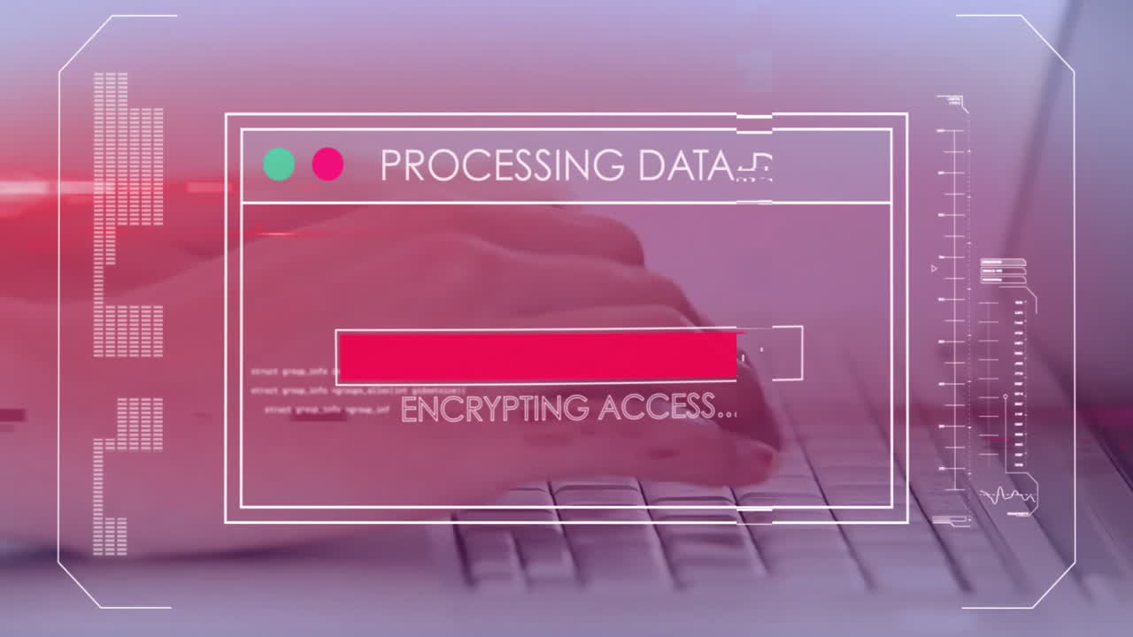 Animation of data processing over hands of caucasian businesswoman typing on keyboard