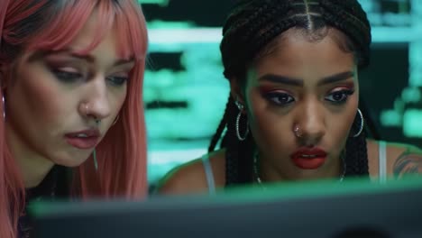 two focused individuals analyzing data on a computer screen, surrounded by a captivating green digital backdrop that suggests a tech-savvy environment and insight-driven investigations
