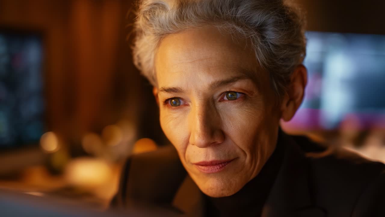 A Focused Professional in Deep Concentration Engaged with Technology in an Intimate Workspace Setting, Illuminated by Warm Light and Monitors at Night