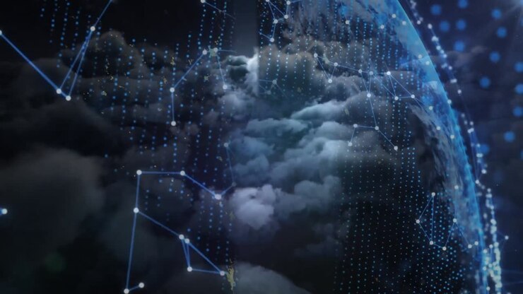 Animation of moving shapes and clouds on black background