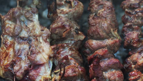 Carne-A-La-Parrilla-En-Brochetas-En-Un-Picnic.-Primer-Plano-Shish-Kebab-Asado-A-La-Parrilla-De-Carbón