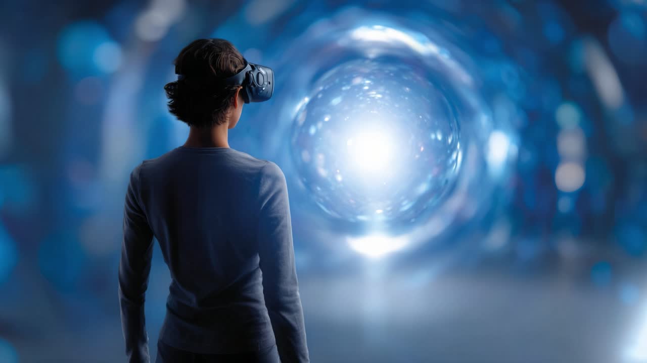 Esplorando il regno immersivo della realtà virtuale: una persona impegnata con un bellissimo portale digitale, circondata da un'atmosfera di innovazione e tecnologia