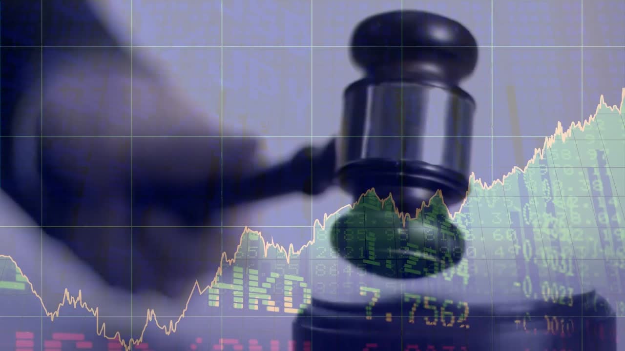 Animation of statistics and financial data processing over auctioneer's hammer