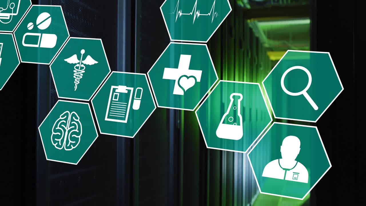 의료 아이콘의 애니메이션 및 컴퓨터 서버를 통해 데이터 처리