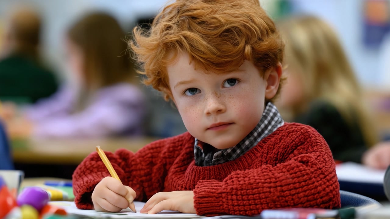 Un bambino piccolo immerso nell'apprendimento creativo, che mostra la gioia e la concentrazione dell'educazione precoce in un ambiente di classe colorato.