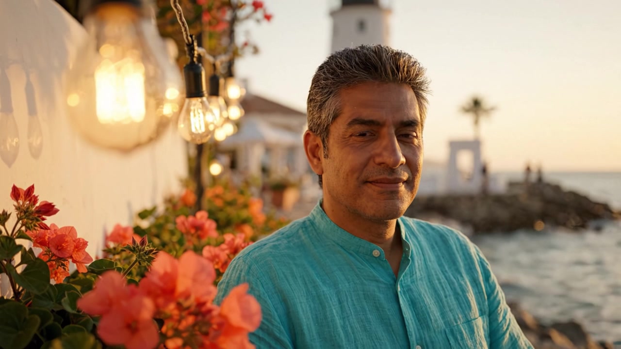 Um momento contemplativo à beira-mar ao pôr do sol, rodeado por flores vibrantes e luzes quentes, capturando a essência da tranquilidade e reflexão na beleza da natureza