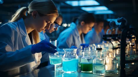 female scientists conducting experiments in a laboratory at night