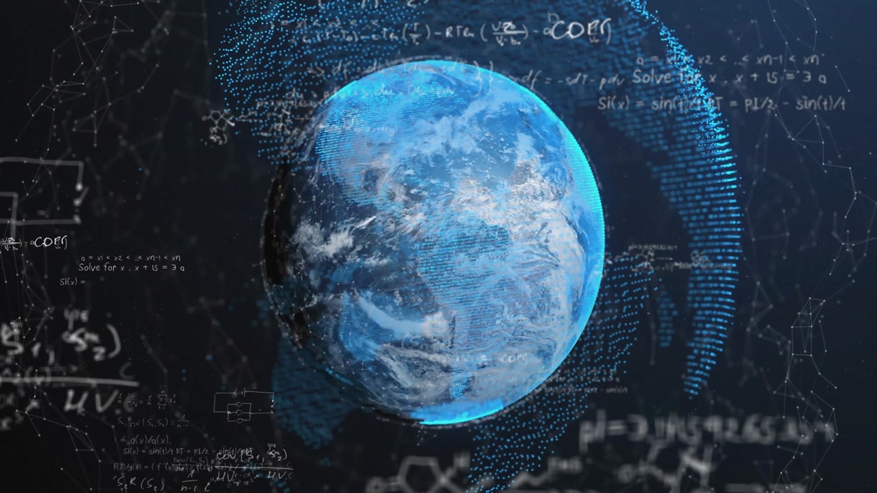 On launch digital Earth appearing, formulas fading, data ring pulsing, illustrating global network