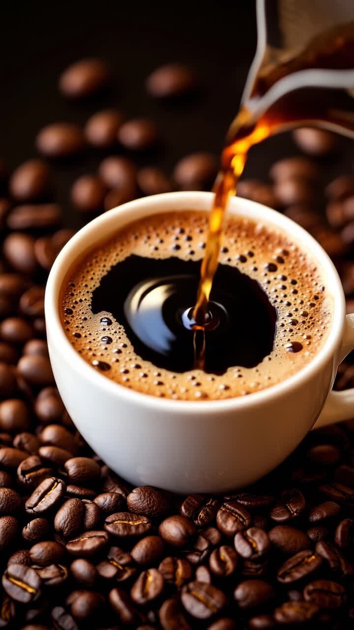 Nahaufnahme eines Videos, das zeigt, wie Kaffee in eine Tasse gegossen wird, umgeben von Bohnen