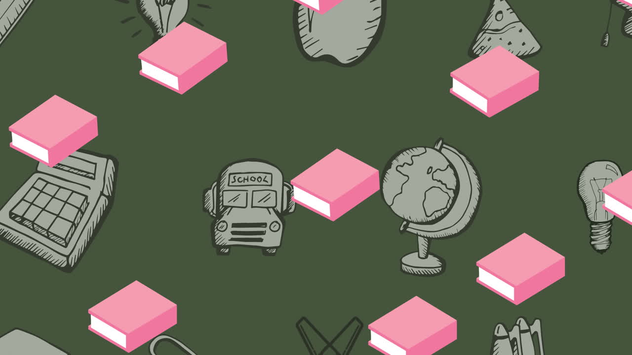 анимация повторяющихся розовых книг, движущихся над школьными предметами, нарисованными на зеленой доске