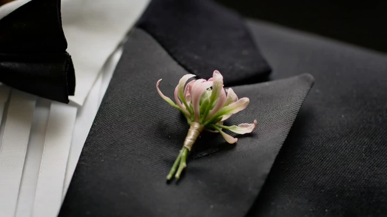 Shifting camera making pink green boutonniere clearer on black lapel, with white shirt, bowtie