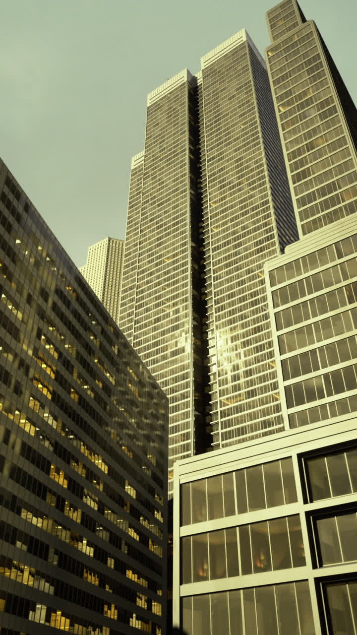 Skyscrapers illuminate a cityscape at twilight with urban glow