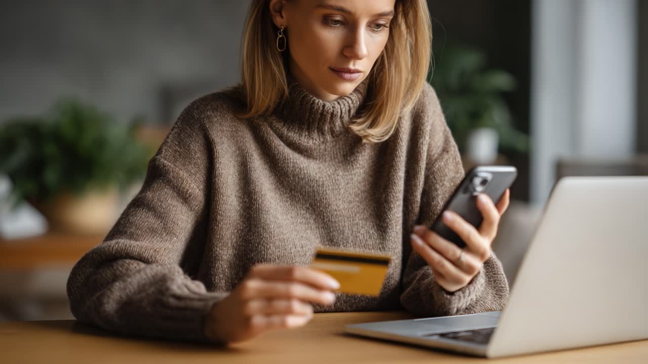 A focused woman in a cozy sweater uses her smartphone while holding a credit card, engaged in online shopping at home with a laptop in front of her