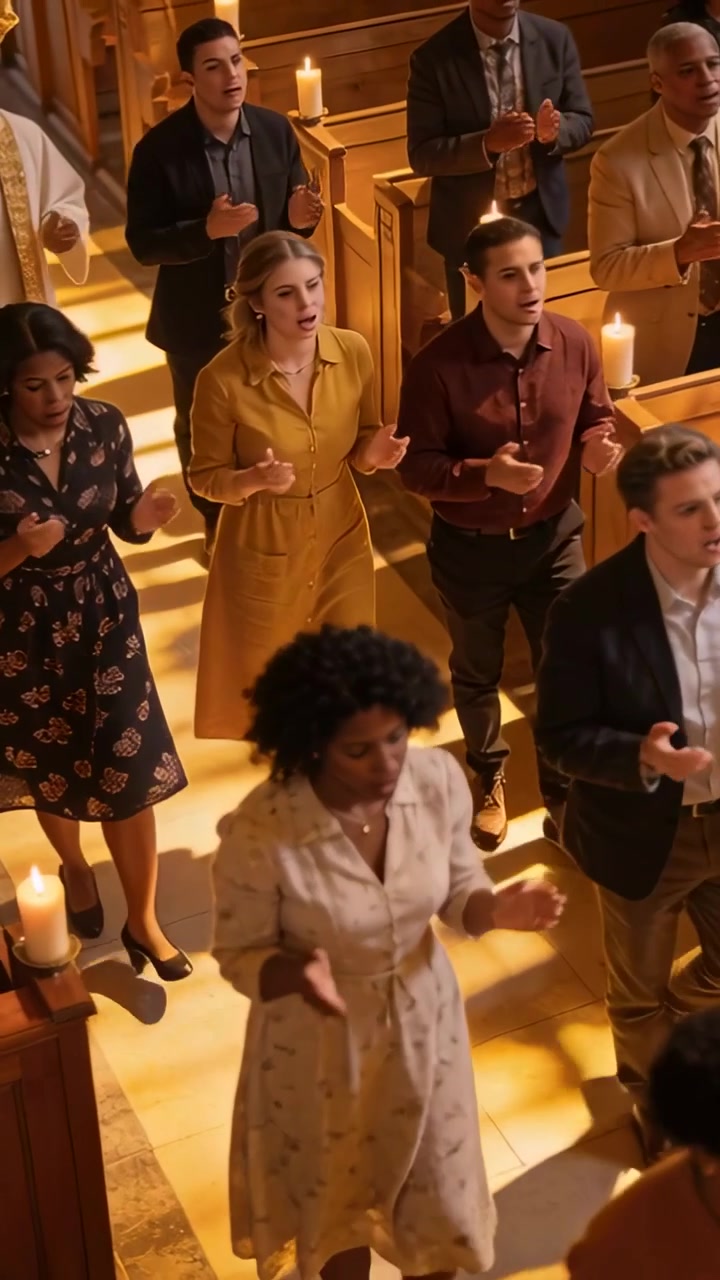 Vertical video: Starting worship mustard-dress woman walking aisle at church, singing, candles