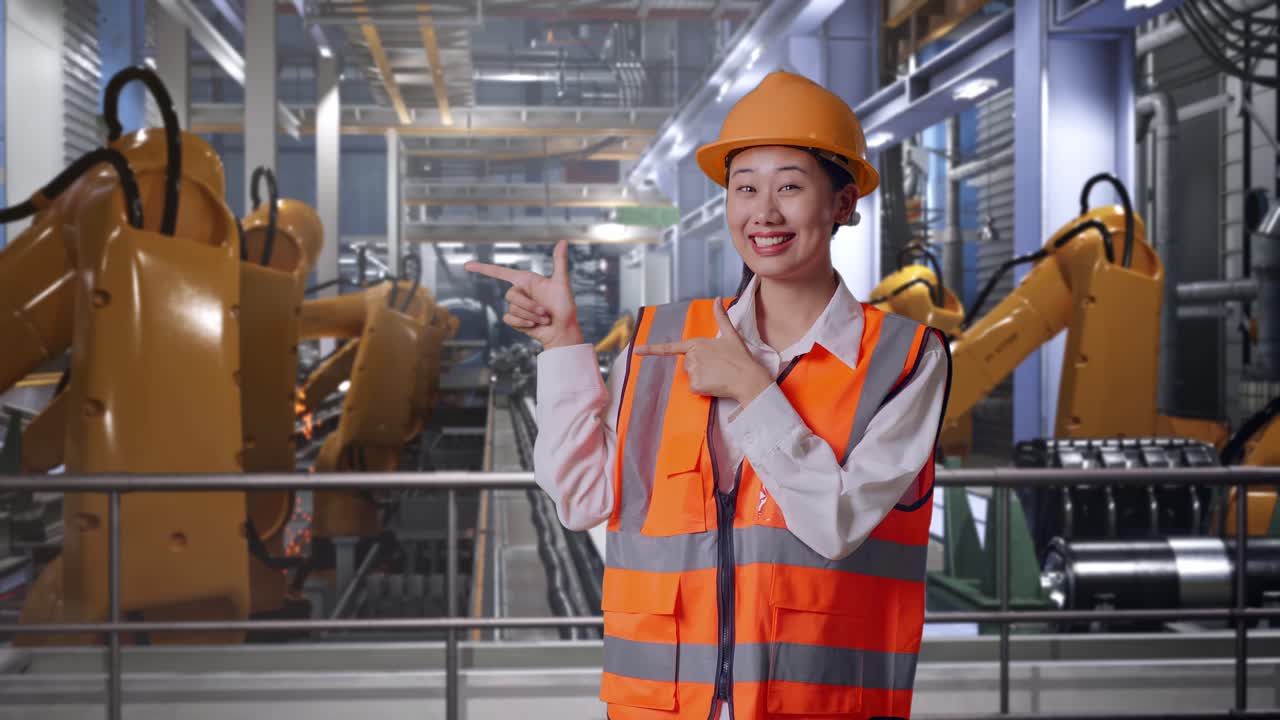 Asian Female Engineer With Safety Helmet Smiling And Pointing To Side While Standing With Industrial Robotic Arms Working