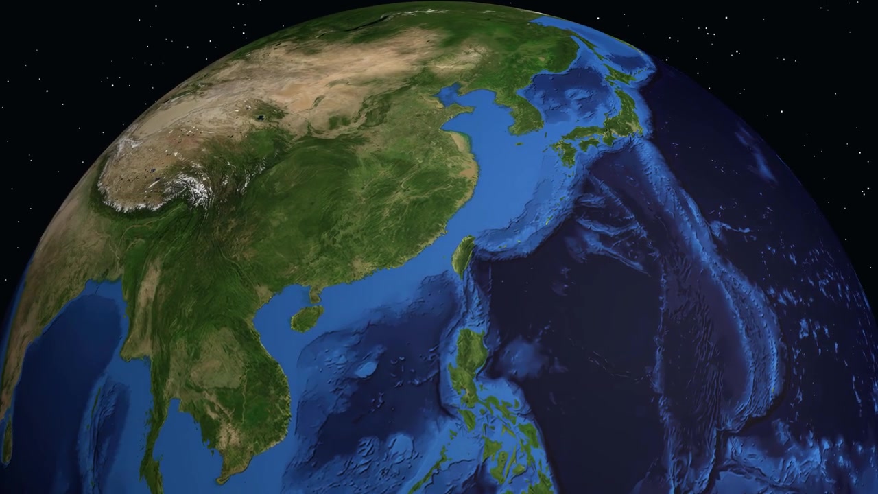 Animazione digitale che si sposta rapidamente dallo spazio esterno a Zhangzhou, Cina, con etichette di testo e coordinate.