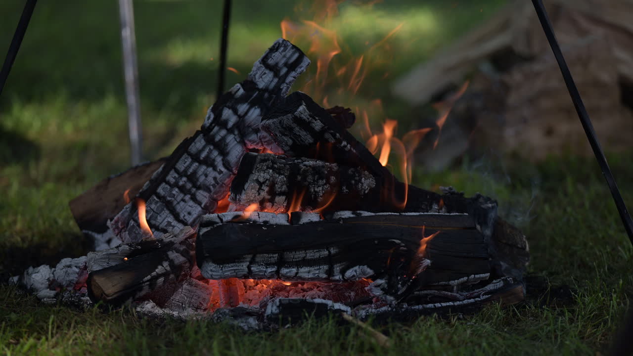 Bål med glødende træ og klare flammer