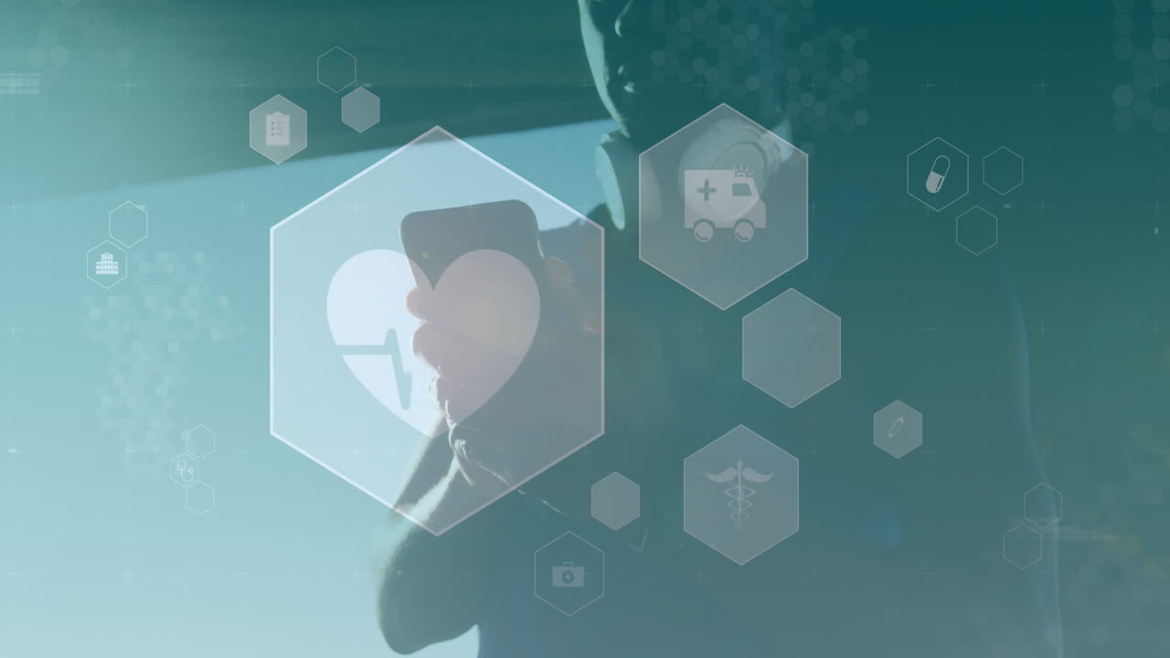 체육관에서 스마트폰을 사용하는 아프리카계 미국인 남성 위의 디지털 아이콘 네트워크의 애니메이션