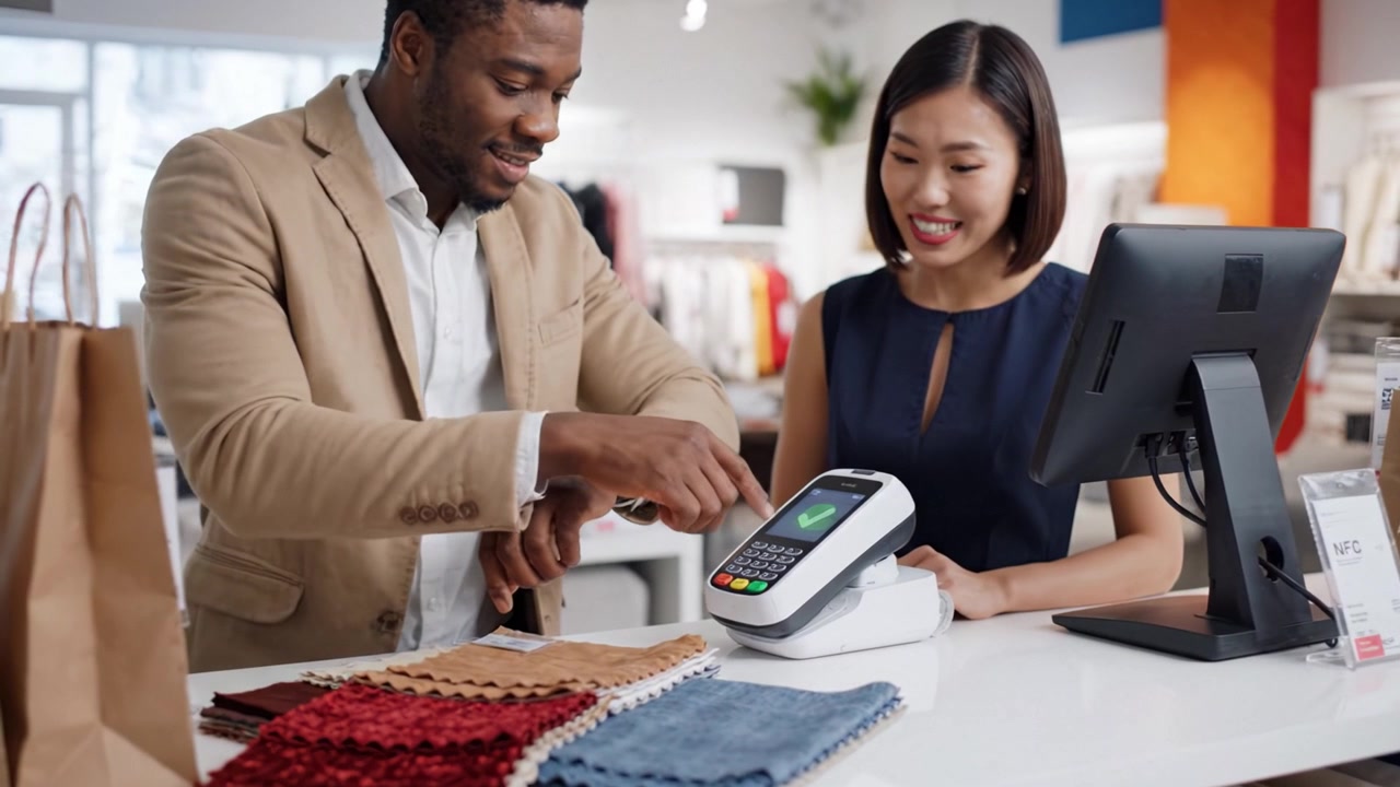 Happy customer makes a payment using a smartwatch in retail store while the smiling cashier processes the transaction at the checkout counter.