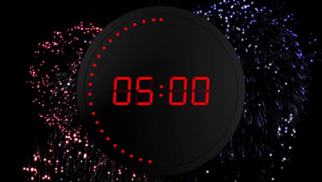 Animation-of-digital-clock-counting-down-to-midnight-with-fireworks-on-black-background