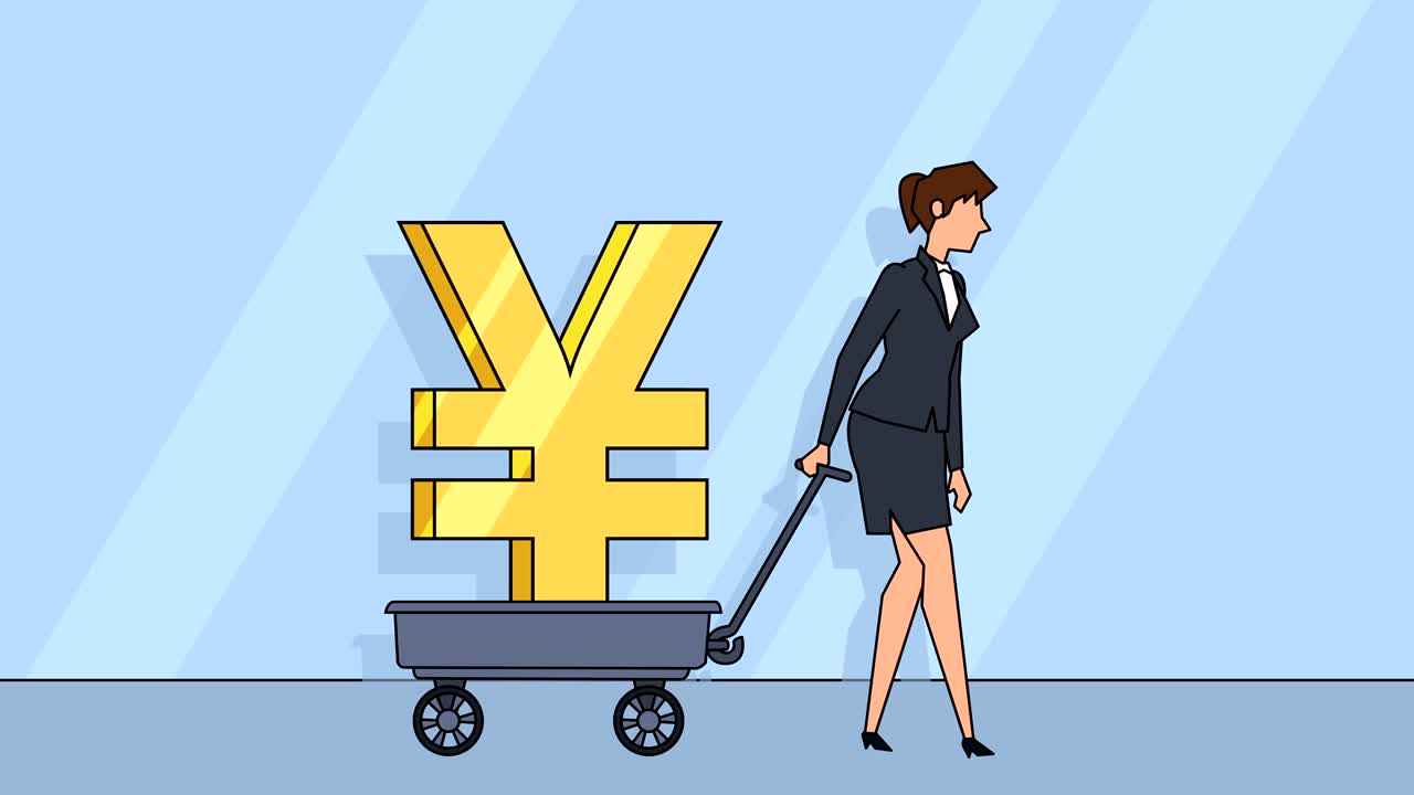 평평한 만화 사업가 캐릭터는 엔 기호와 함께 카트를 끌고 알파 매트와 함께 돈 개념 애니메이션