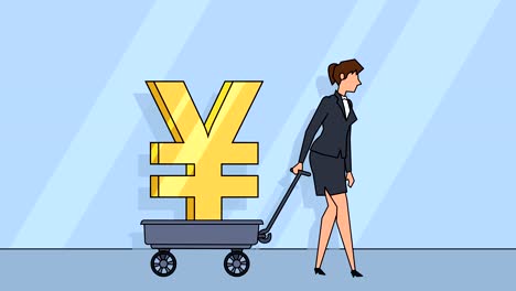 flat cartoon businesswoman character  pulls cart with yen sign money concept animation with alpha matte