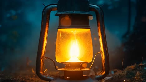 a lantern is lit up in the dark in the woods