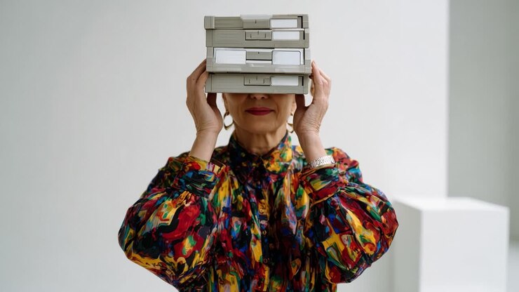 A Colorful Portrait of Elegance: A Stylish Individual Balancing Boxes on Their Head with Confidence, Showcasing a Bold Fashion Statement and Unique Personality