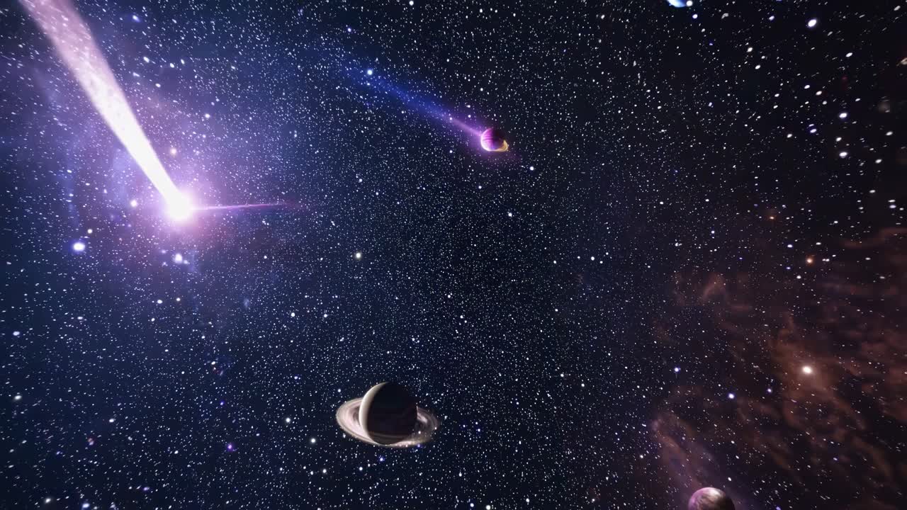 A mesmerizing video of a starry galaxy with planets and comets, captured from a wide-angle