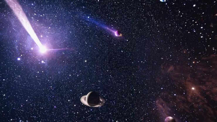 Un video ipnotico di una galassia stellata con pianeti e comete, ripreso da un grandangolo