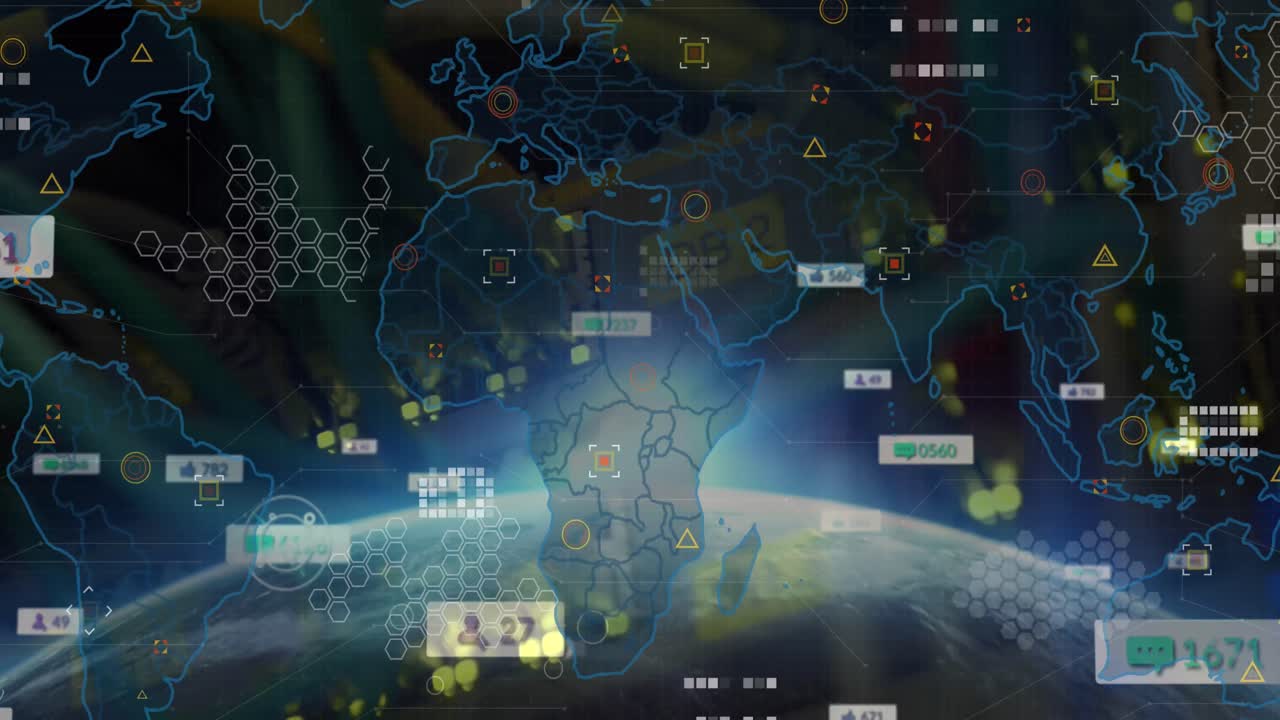 Composite video of network server with icons highlighting locations on world map