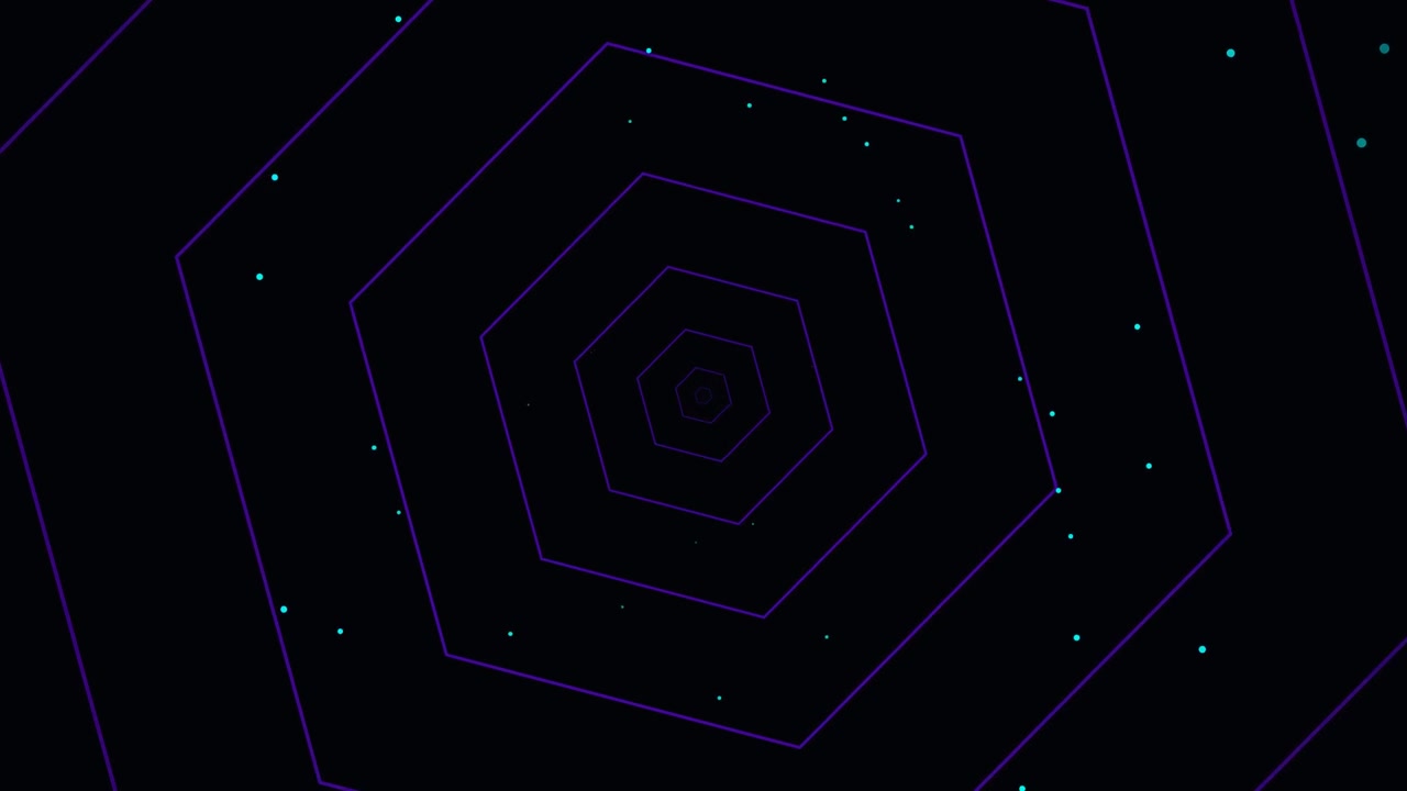 Abstract Motion Background with Expanding Purple Hexagons and Floating Particles
