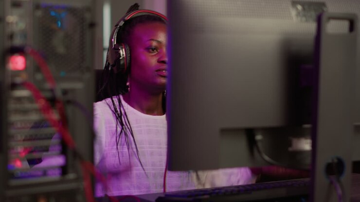 Messa a fuoco selettiva su una ragazza gamer che usa un PC da gaming per lo streaming di un torneo sparatutto in prima persona, sconvolta dopo aver perso