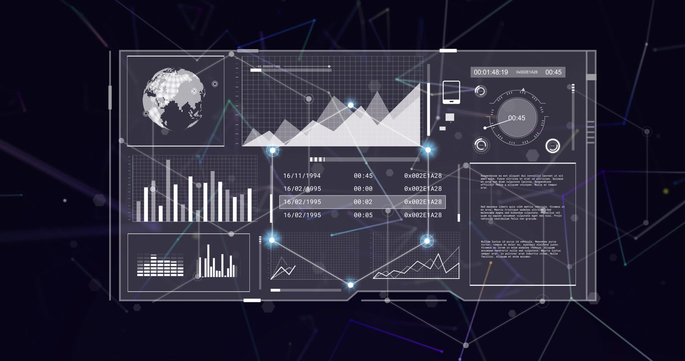 Animation of data processing over network of connections on black background