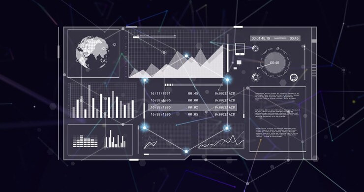 Animation of data processing over network of connections on black background
