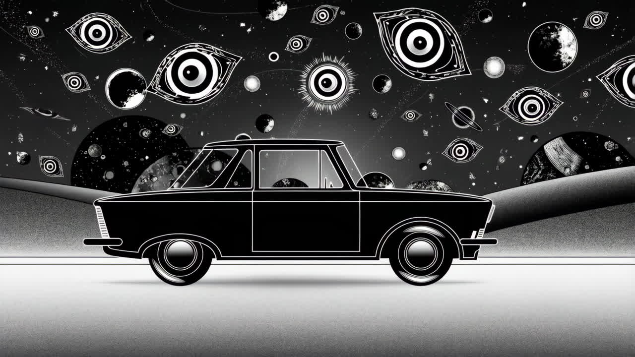 Surreal Black and White Car in Space
