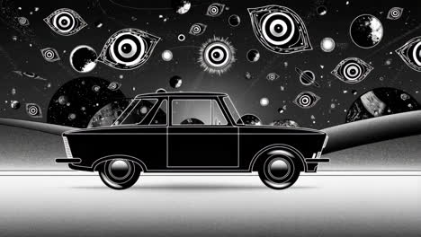 surreal black and white car in space