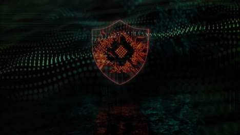 animation of shield icon with computer circuit board over spots on black background