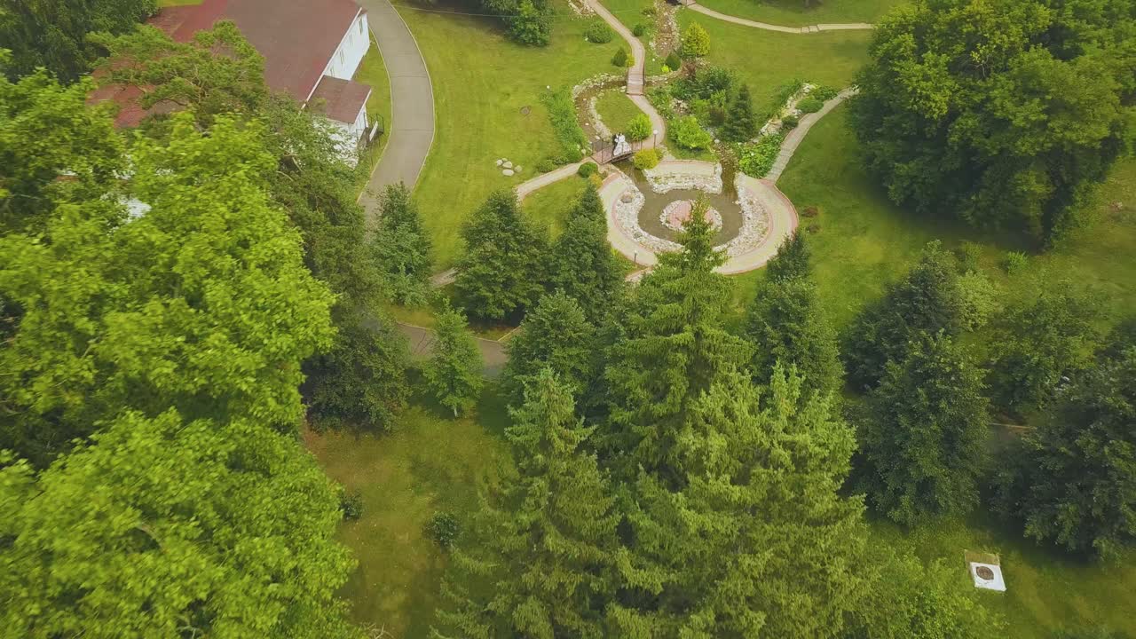 una pareja de recién casados en el puente sobre el arroyo en el parque vista superior