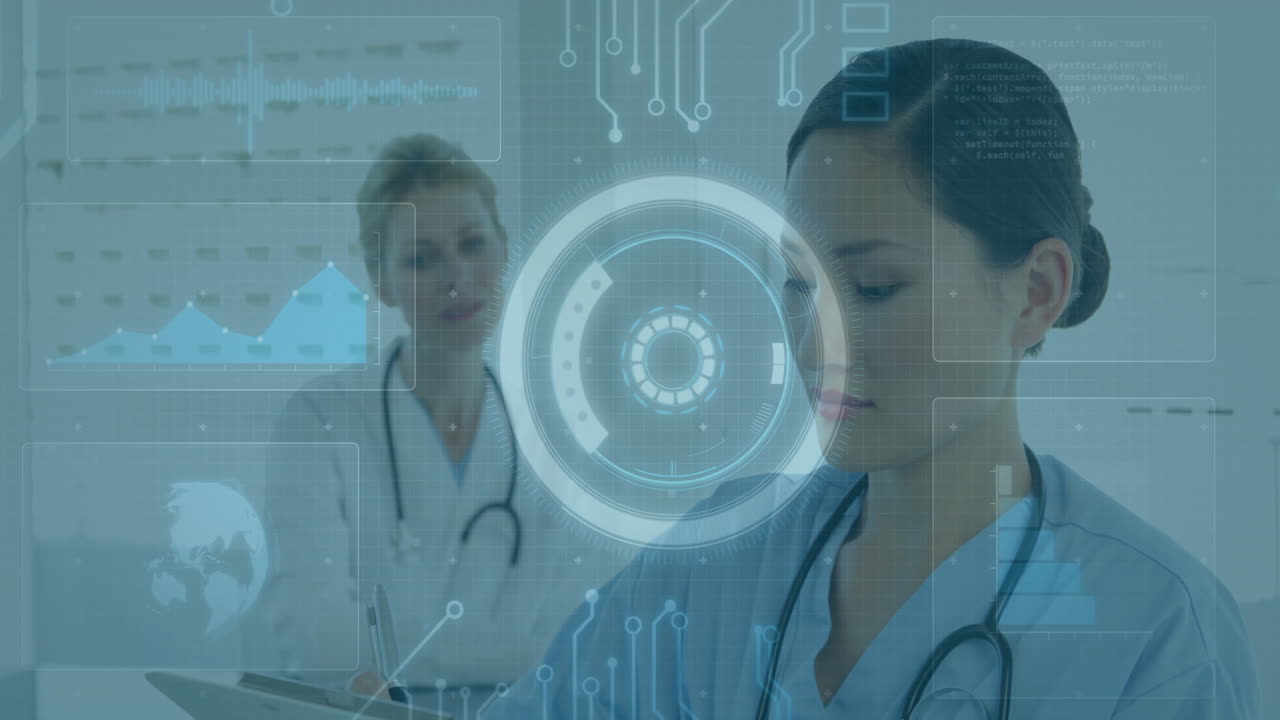 Medical data processing animation over healthcare professionals working in hospital