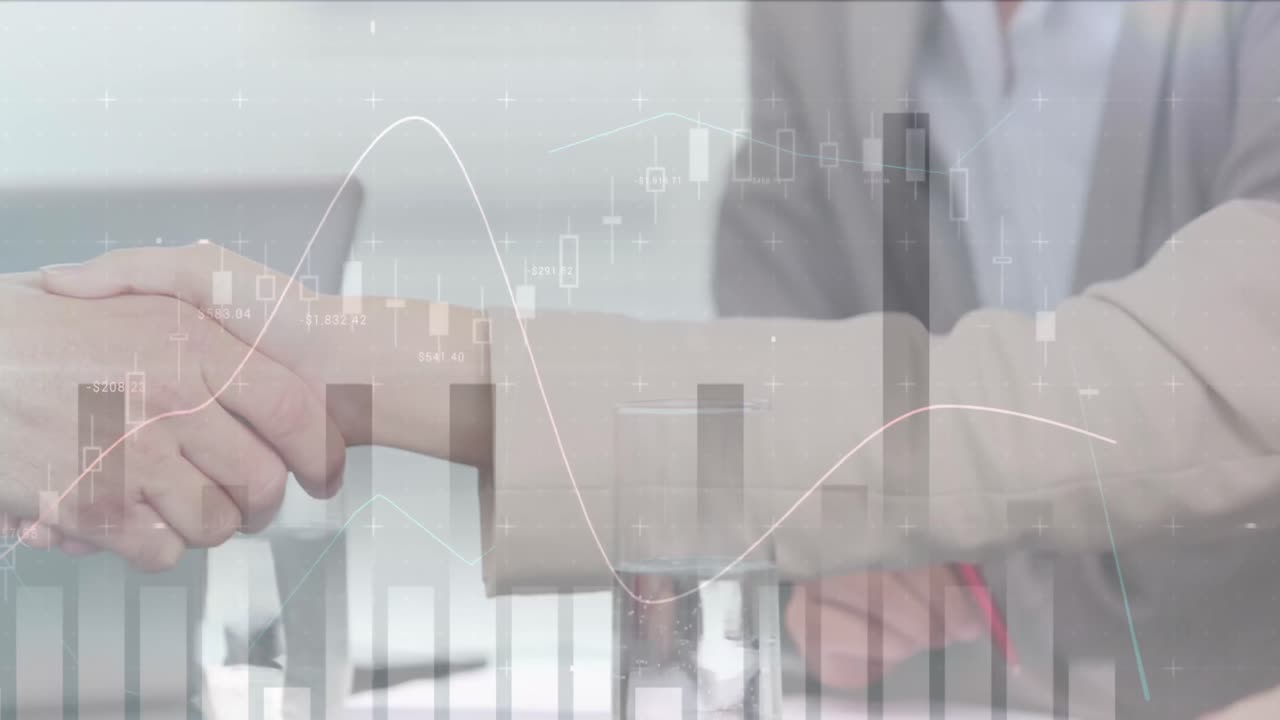 회의에서 손을  ⁇ 는 사업가들에 대한 통계 및 금융 데이터 처리의 애니메이션