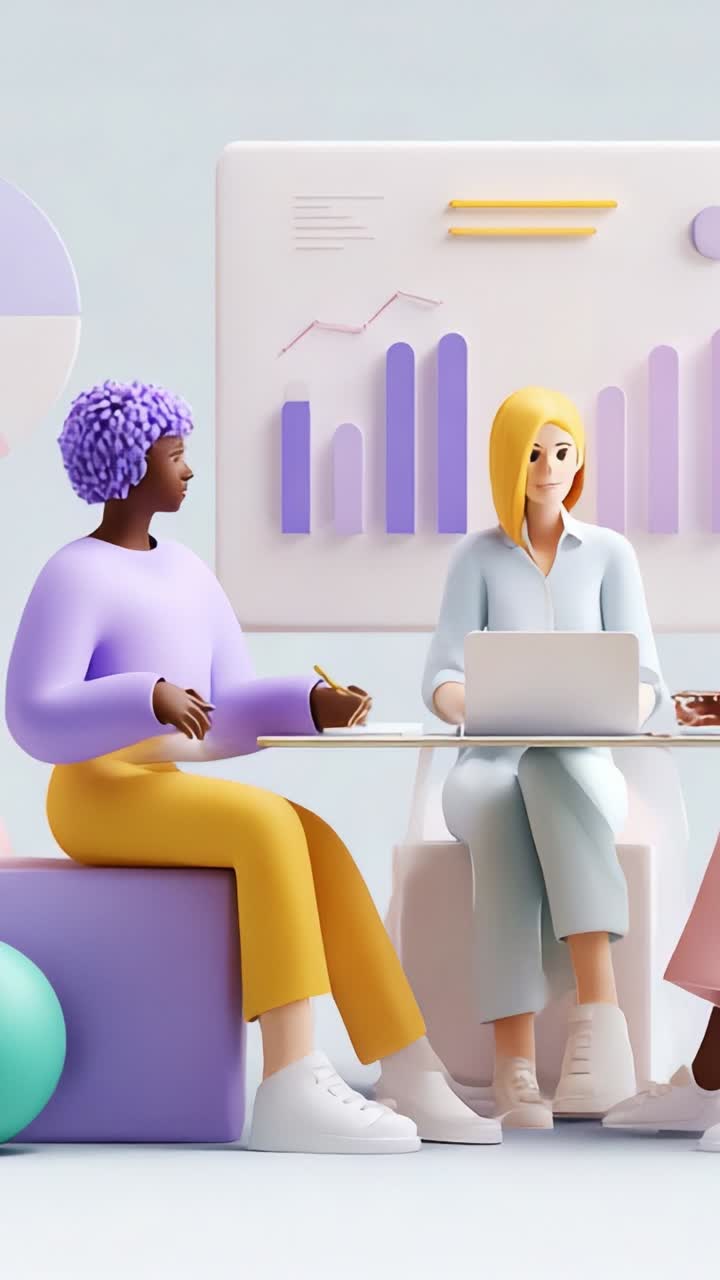 Three modern, stylized characters engaged in a collaborative workspace ...